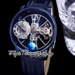 BZF Astronomia Tourbillon Swiss Quartz Mens Watch PVD Blue Stainless Steel Case Sky Skeleton 3D Globe Dial (won't spin) Blue Leather Static version eternity Watches