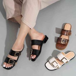 2021 Women Slippers Snake Pattern Square Buckle Open Toe Summer Sandals Roman Buckle Thick Heel Women Shoes Retro J220716