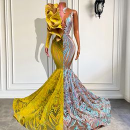 long white one handed dresses UK - Sexy Long Prom Dresses 2022 Singel Long Sleeve Yellow and Silver Mermaid African Black Girl Gala Prom Gowns B0426