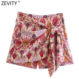 Zevity Women Totem Floral Print Bermuda Shorts Ladies Chic Side Zipper Bow Tied Casual Shorts Skirts Pantalone Cortos P1231 220527