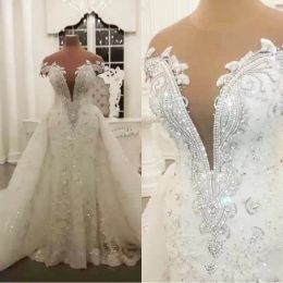 Plus Size Mermaid Wedding Dresses Bridal Gown Beaded Crystals with Overskirt Sweep Train Lace Applique Cap Sleeves Plunging V Vestido De Novia estido