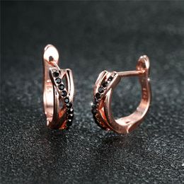 Clip-on & Screw Back Classic Male Female Black Crystal Earrings Trendy Rose Gold Colour Clip For Women Charm Hollow Wedding EarringsClip-on