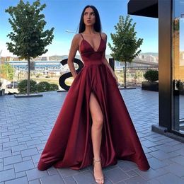 Sexy V Neck Satin Evening Dresses Spaghetti Strap Side Slit Prom Dress High Waist Evening Gowns Party Dress Robe de soiree 220705