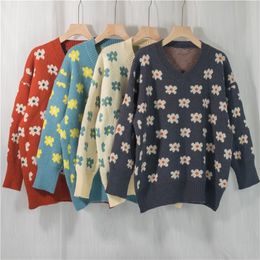 Leisure Vintage Womens Clothing Sweater Lazy Wind Wild Navy Blue Printing V Neck Pullover Winter Long Sleeves Knitting Tops 220817