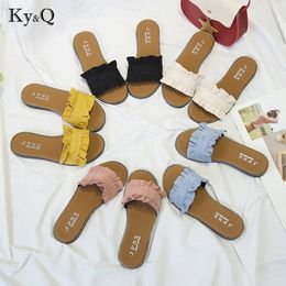 Summer New Ladies Slippers Fashion Pleated Wooden Ear Flat Sand Drag Korean Version Of The Wild Sweet Casual Beach Shoes 210301