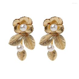 Stud Luxury Gold Tone Baroque Pearl Leaf Flower Royal Earrings Wedding Bridal Jewellery H8WFStud Dale22