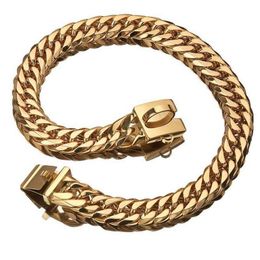 PMGPET Pet Gold Chain Puppy Necklace Stainless Steel Bulldog Leash 17mm Small Middle Large Dog Collar 201030