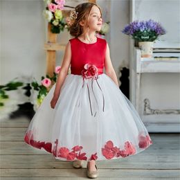 Kids Flowers Ribbons Dresses for Girls Floral Red Robe Vestido Christmas Clothes Children Year Elegant Prom Tutu Gown 220422