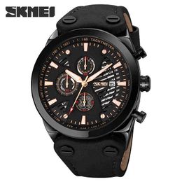 SKMEI 2022 Men Sport Luxury Stop Calendar Quartz es Fashion Dress Leather Strap Men's Wrist Fashion Clock Y220707