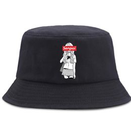 Berets Senpai Anime Girl Funny Bucket Hats Unisex Cotton Fisherman's Hat Sunscreen Beach Panama Cap Foldable Street Fishing Sun CapsBere