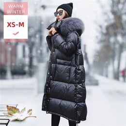 New Winter Real raccoon Fur Collar Long White Duck Down Jacket With Dood Female Loose Thick Casual Warm Zipper lovers clothes LJ201021