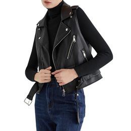 Motorcycle Apparel Sleeveless Zipper Fashion Biker Spring Autumn Daily PU Leather Solid Casual Soft Women Vest With Adjustable BeltMotorcycl