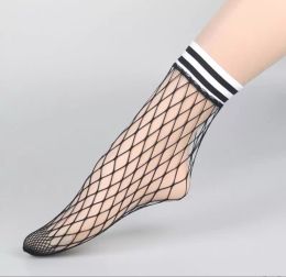 Fishnet Anklet Socks Fashion Women's Big Net Mesh Striped Crew Cuff Ankle Short Stockings Black White