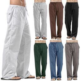 Mens pantolon yaz erkekler düz renkli keten çok cep düz rahat artı büyük boyutlu nefes alabilen rahat çekiliş gevşek pantolon
