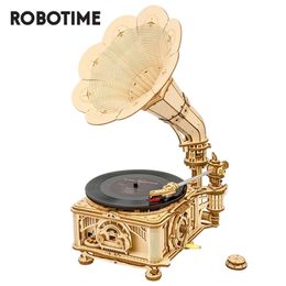 Robotime ROKR DIY Hand Crank Classic Gramophone Wooden Puzzle Model Building Kits Assembly Toy Gift for Children LKB01 220725