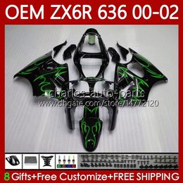 Injection Fairings For KAWASAKI NINJA ZX-6R ZX 6R 600 CC 6 R ZX-636 ZX636 2000 2001 2002 Body 133No.121 Green flames ZX 636 600CC ZX600 ZX-600 00-02 ZX6R 00 01 02 OEM Bodywork