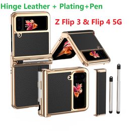 Electroplate Cases For Samsung Galaxy Z Flip 3 Flip 4 5G Case with Pen Hinge Leather Cover