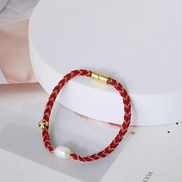 Charm Bracelets Simple Woven Cotton Rope Square Label Freshwater Pearl BraceletCharm