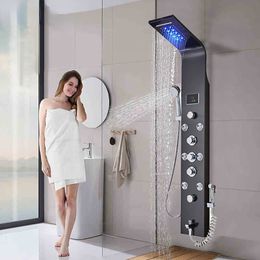 Wall Mount Black Shower Panel Shower Column LED Waterfall Shower Faucet Set With Bidet Sprayer Massage Temperature Display