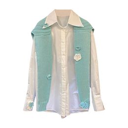 Women's Blouses & Shirts Fashion Design 2 Piece Shirt Sets 3D Flower Embroidery Knitted Shawl&Long Sleeve White Blouse Fall Women Chic T