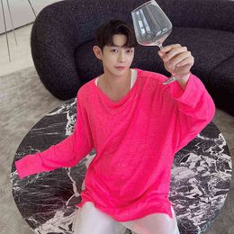 Summer Oversize Long Sleeve T-shirt Men Loose Casual Big Collar See Through Thin Tshirt Male Women Couple T Shirts Tees T220808