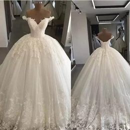 2022 Ballgown Wedding Dresses Bridal Gown Lace Applique Off The Shoulder Sweep Train Custom Made Sleeveless Tulle Satin Plus Size Corset Back Vestidos 401 401