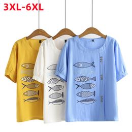 Women's T-Shirt Summer Plus Size Tops For Women Large Blouse Short Sleeve Loose Blue Embroidery Cotton 3XL 4XL 5XL 6XLWomen's