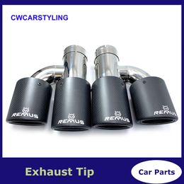 Top Quality 2Pcs H Style Universal Muffler Dual Matt Carbon Fibre Stainless Steel Modified Exhaust Tip With Remus Logo