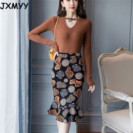 Temperament all-match female skirt bag hip skirt fashion mid-length stretch print bust fishtail skirt JXMYY size S--5XL 210412