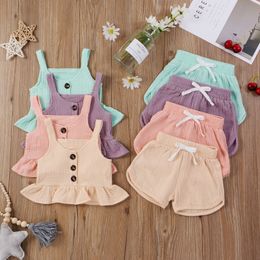 Girls Designer Clothes Kids Summer Boutique Clothing Sets Baby Solid Suspenders Vest Pants Suits Casual Button Tops T-Shirts Shorts Outfits B8099