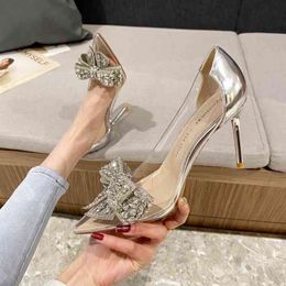 2022 Pointed toe high heels women's stiletto heels new bow rhinestone sexy bridesmaid bride wedding shoes G220527