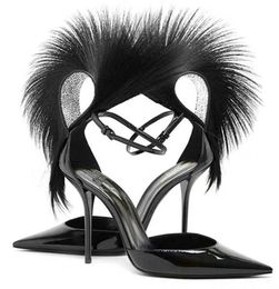 Sandals Black Pointy Toe Heart Shaped Feather Women 2022 Summer Ankle Strap Pumps Super High Heel Stiletto Gladiator Shoes