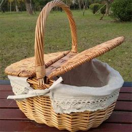 Wicker Willow Woven Vintage Camping Handle Shopping Food Fruit Picnic Basket Y220524