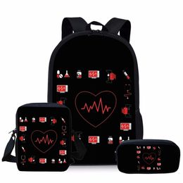 NOISYDESIGNS Nurse Heart Printing School Bags Kids 3pc/set Primary Schoolbag Children Shoulder Bagpack Teenagers Large Satchel LJ201225