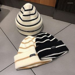 Beanie/Skull Caps Winter Contrast Colour Stripe Knitted Hat For Woman Fashion Trend Black White Khaki Hats Keep Warm CapsBeanie/Skull Elob22
