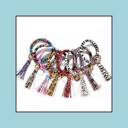 Key Rings Jewelry Women Fashion Printed Bracelets Wristlet Keychain Bangle Keyring Large Circle Leather Tassel Brace Dhc13