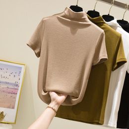 Women's T-Shirt Half Turtleneck Solid Basic T Shirt Women 2022 Summer Short Sleeve Slim Tee Femme Fashion Tops