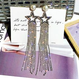 Dangle & Chandelier One Piece Shiny Star Long Tassel Drop Earrings For Women Silver Color Rhinestone Party Wedding JewelryDangle