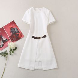 2022 Fall Autumn Short Sleeve Round Neck White Panelled Belted Dropped Waist Knee-Length Dress Elegant Casual Dresses 22G032344 Plus Size XXL