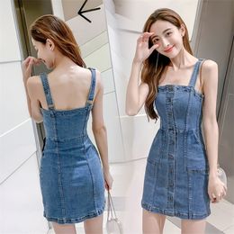 Denim Dress Summer Spaghetti Strap Sundress Vintage Casual Solid Retro Chic Sexy Jeans Button Front Blue Party Dress Women T200416