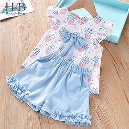 Humor Bear Girls Clothing Set Sleeveless Summer Ice Cream Bow Top T-shirt+Pants 2Pcs Suit Toddler Children's Clothes 220425