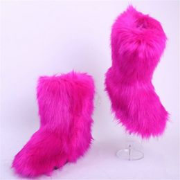Winter Womens Faux Fur outdoor Boots Fluffy Stripe Furry High Snow Boots Woman Fur Home Female Warm Home Shoes 3444 Y200115