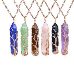 Hand Winding Tree of Life Natural Stone Crystal Hexagonal Necklace pendant Fortune Tree Amethyst Lapis Gemstone Necklaces for men women fashion jewelry