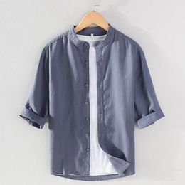 Men's Casual Shirts Mandarin Collar Cotton Linen Shirt For Men Three Quarter Sleeve Button Down Oversized 4XL 5XLMen's Men'sMen's