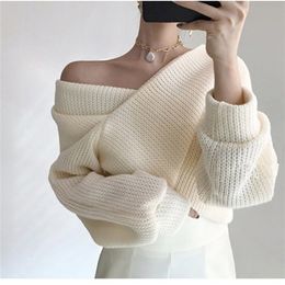 HziriP OL Sexy Crop Tops Loose Sweater Woman Long Sleeve V Neck Solid Women Sweaters And Pullovers Knitted Jumpers Female 201224