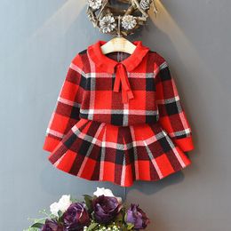 Clothing Sets Girls Knitted Big Plaid Sweater Skirt Two-piece With Wood Ears Kids Boutique Wholesale Toddler Fall Clothes 2022