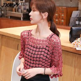 fashion chiffon shirt suspender top net red two-piece lace hollow mesh top sexy temperament pullover blouse JXMYY 210412