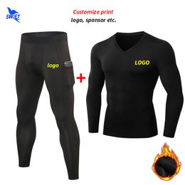 Winter Warm Fleece Men Running Set with Mobile Pocket Quick Dry Stretch Gym Fitness Training Tracksuits Sport Suits Custom 220615