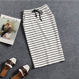 Korean Womens Black White Striped One-Step Skirt Spring Summer Woman Casual Pocket Mid-length Slim Bag Hip Skirts Female 220317