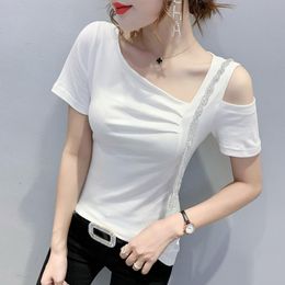 Women's T-Shirt #6294 White Black Off Shoulder T Shirt Women Skew Collar Sexy Short Sleeves Cotton Slim Summer Diamonds